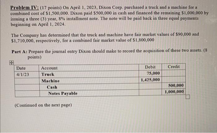 i need help Problem IV: (17 points) On April 1, 2023, Dixon