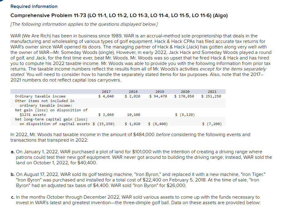 Please answer and provide explanations please! Required information Comprehensive Problem 11-73 (LO