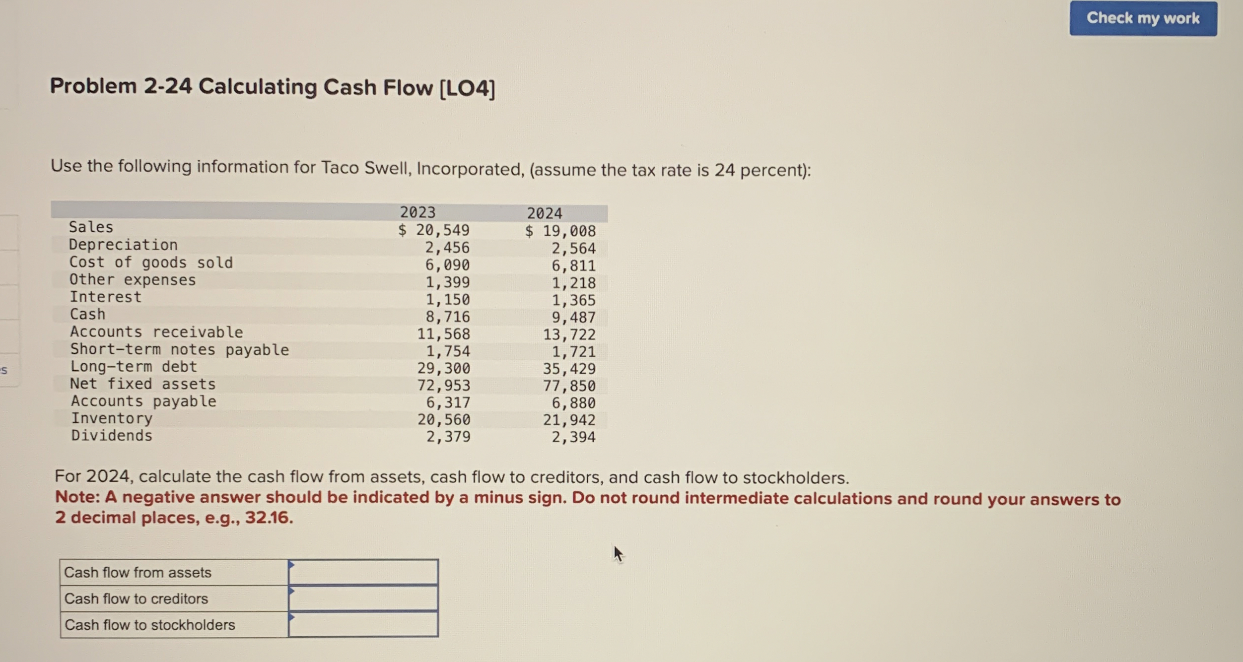  Problem 2-24 Calculating Cash Flow [LO4] Use the following information for
