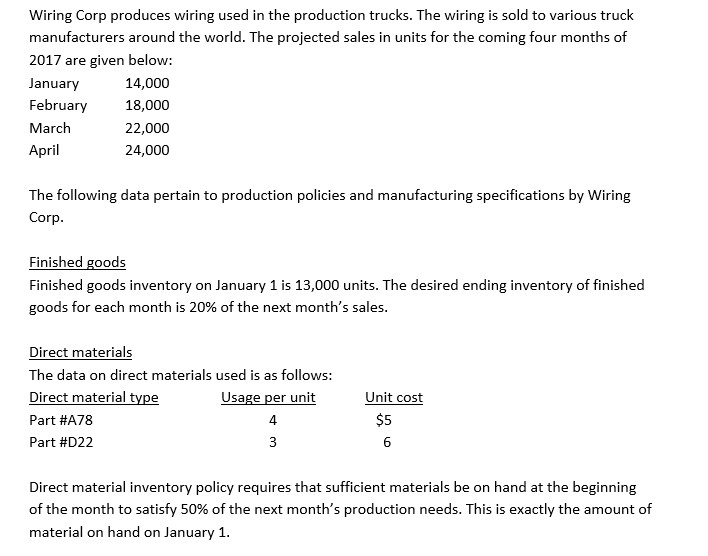 Note : the Answer should be computerized Prepare : Wiring Corp produces