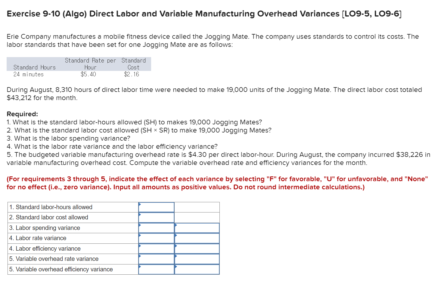 Exercise 9-10 (Algo) Direct Labor and Variable Manufacturing Overhead Variances [LO9-5,