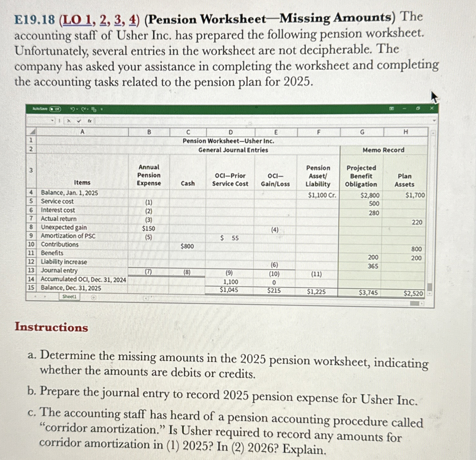  E19.18(LO 1,(Pension Worksheet-Missing Amounts) The accounting staff of Usher Inc. has