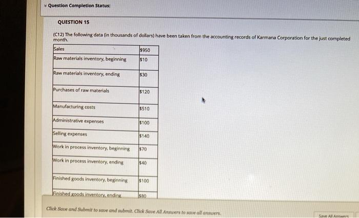 Question Completion Status: QUESTION 15 (C12) The following data (in thousands