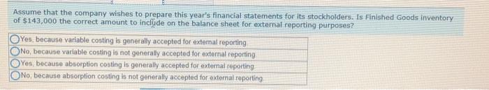 statements for its stockholders. Is Finished Goods inventory of $143,000 the correct