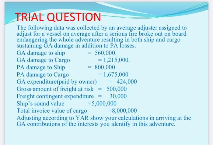  TRIAL QUESTION The following data was collected by an average adjuster