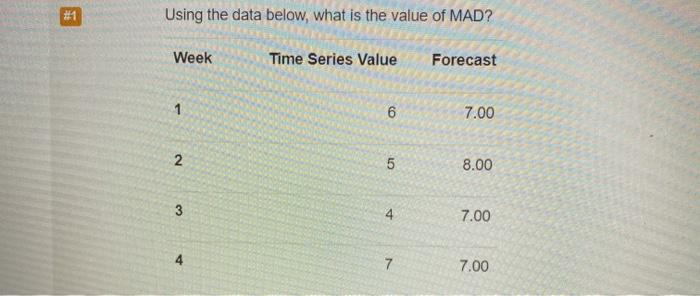  #1 Using the data below, what is the value of MAD?