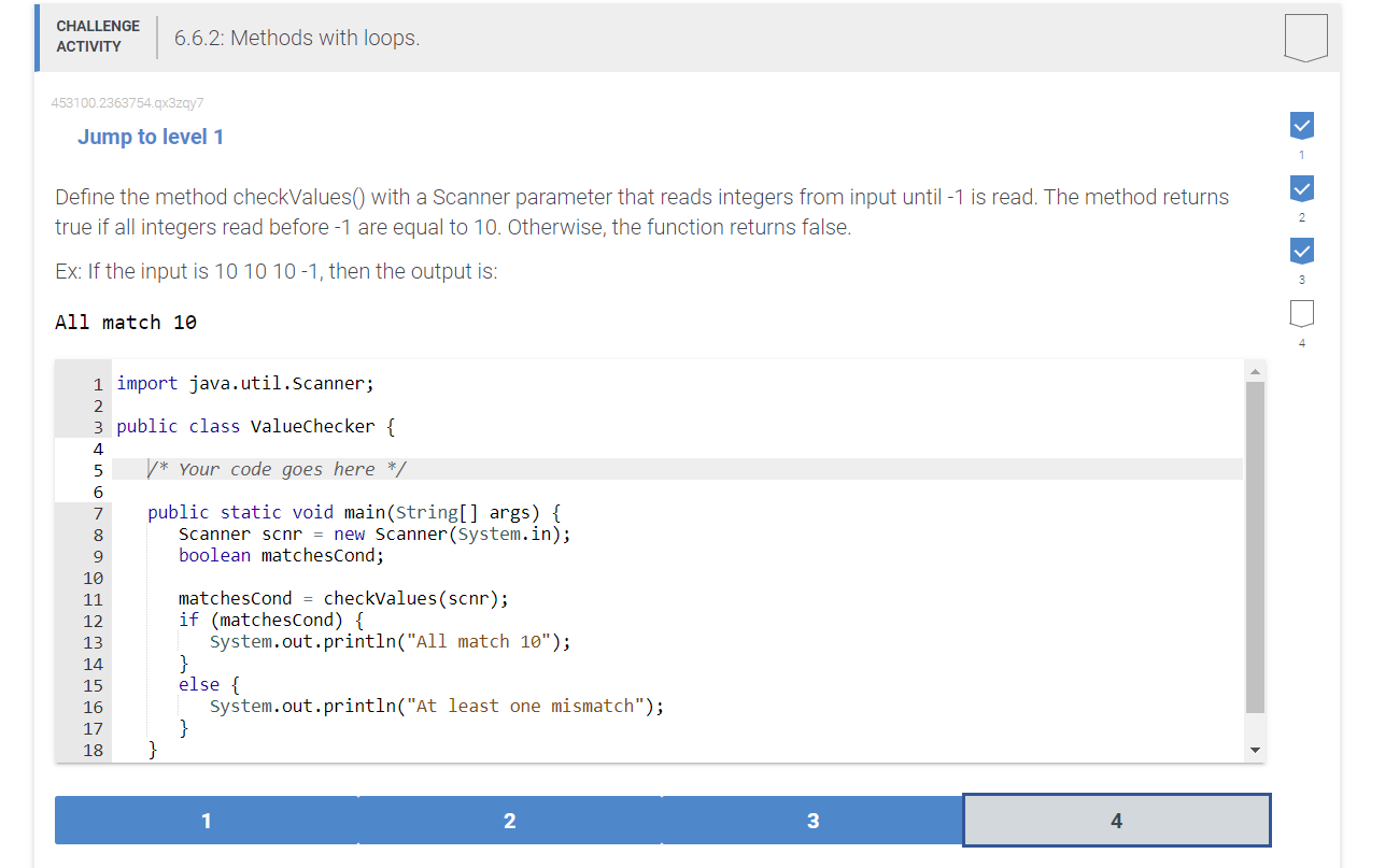 In java please Define the method checkValues() with a Scanner parameter that