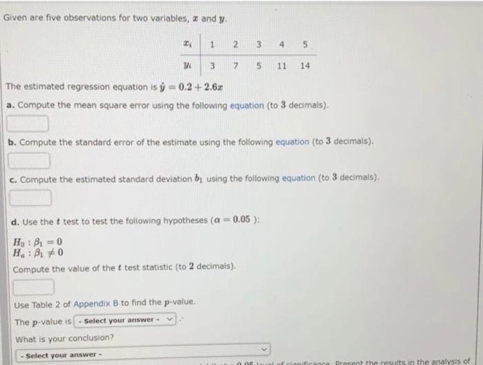  Given are five observations for two variables, 2 and y. 2
