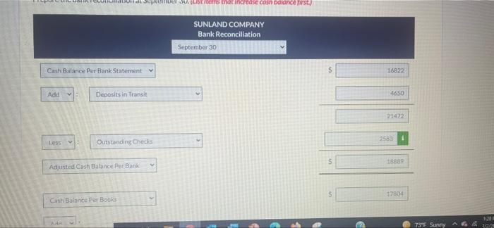 account in the ledger of Sunland Company Balance September 1-$17,460 Cash deposited