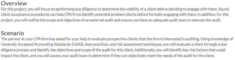  Overview For this project, you will focus on performing due diligence