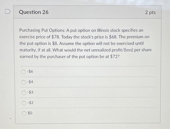  D Question 26 2 pts Purchasing Put Options: A put option