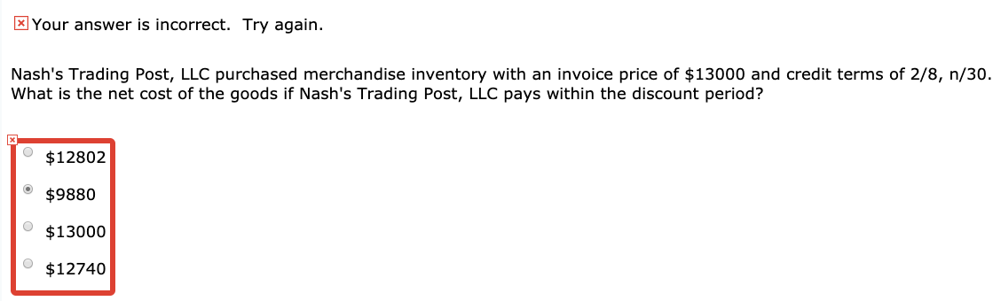  x Your answer is incorrect. Try again. Nash's Trading Post, LLC