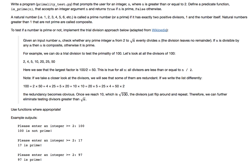  Write a program (primality test.py) that prompts the user for an