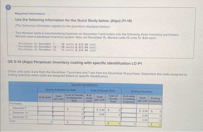  Required information Use the following information for the Quick Study below.
