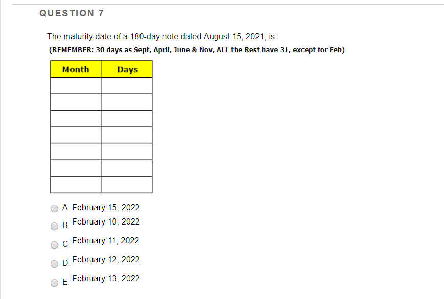  QUESTION 7 The maturity date of a 180-day note dated August