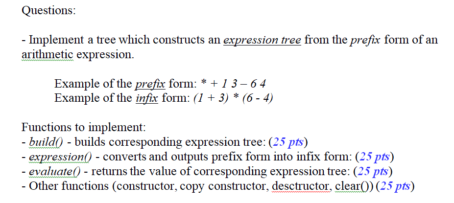 C++ (ADT). please implement the ExpressionTree.cpp file and attach screenshot of the