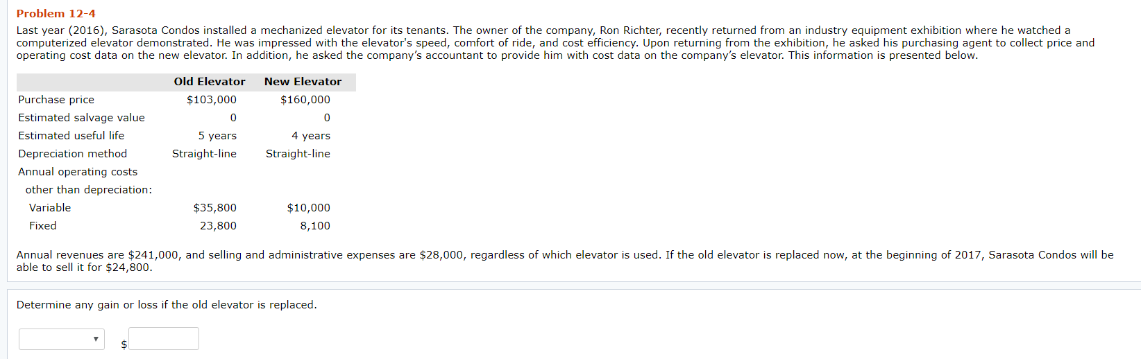  Problem 12-4 Last year (2016), Sarasota Condos installed a mechanized elevator