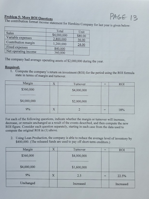  Problem 5: More ROI Questions The contribution format income statement for