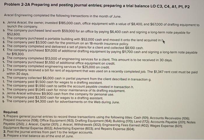  Problem 2-2A Preparing and posting journal entries; preparing a trial balance