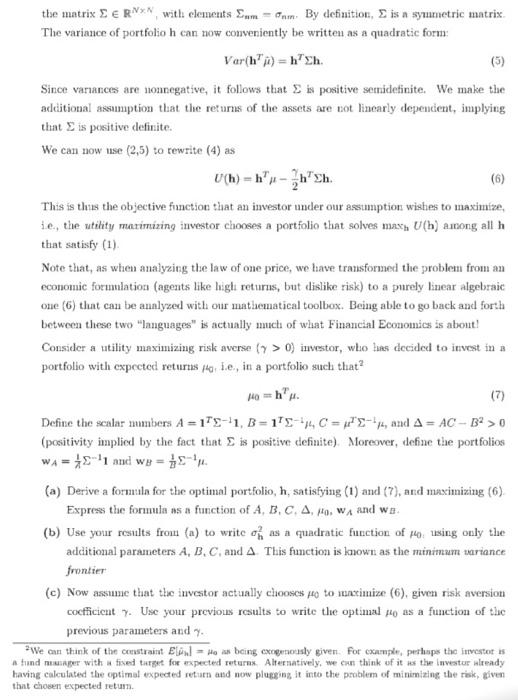 only risky assets: Consider a market in which there are N risky