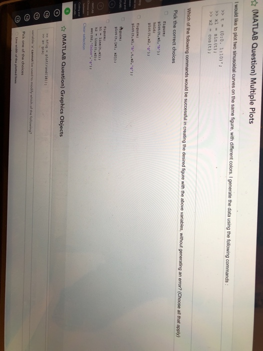  (MATLAB Question) Multiple Plots hold; (MATLAB Question) Graphics Objects Pick one
