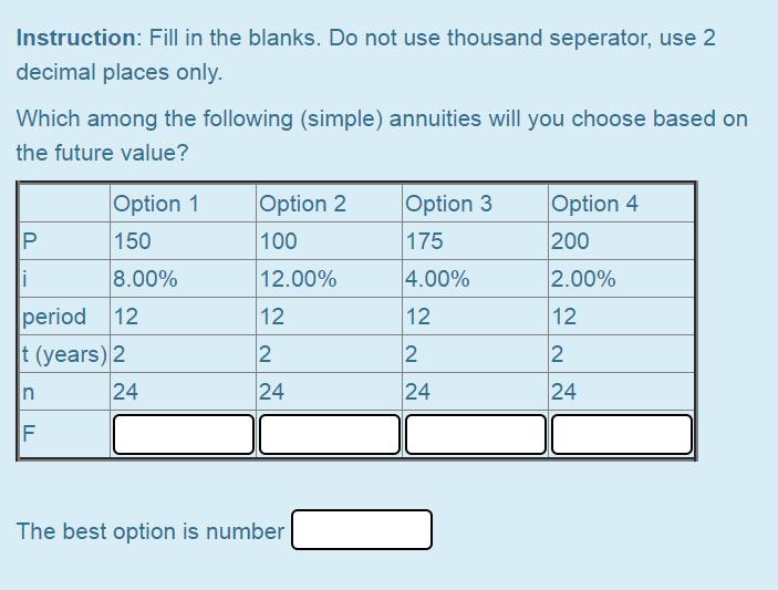 Instruction: Fill in the blanks. Do not use thousand seperator, use