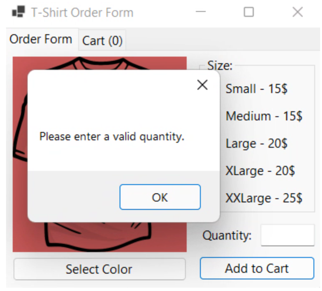 where the customer can order t-shirts. This order form: Allows the user