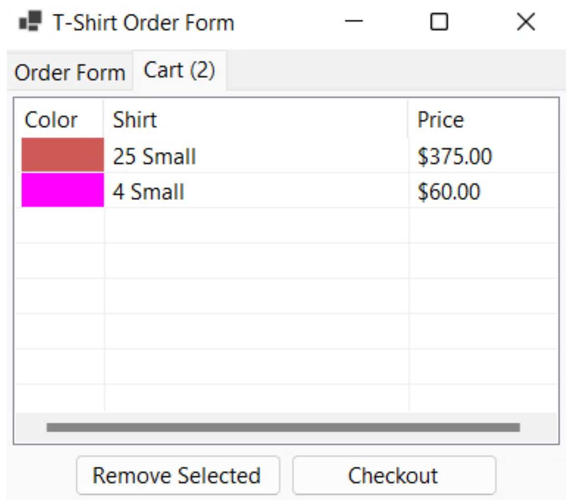 customer can only select one size. Allows the user to select a
