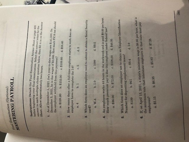  Anal Examination (Optional) MASTERING PAYROLL Instructions: Detach the Final Examination Answer