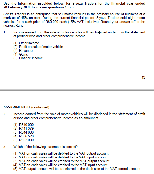 Use the information provided below, for Siyeza Traders for the financial
