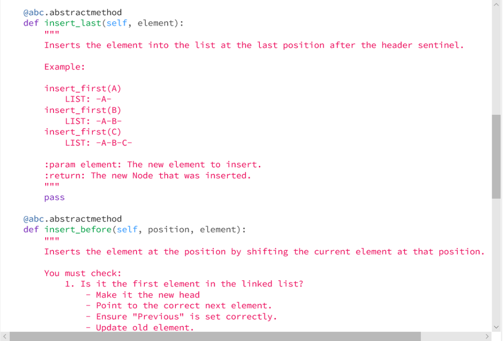 to implement is in linked_positional_list.py insert first A header traler insert_before A