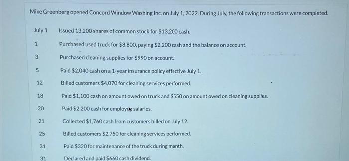 & 7/1 & 13,200 \\ \hline & 7/31Bal. & 13,200 \end{tabular} Dividends