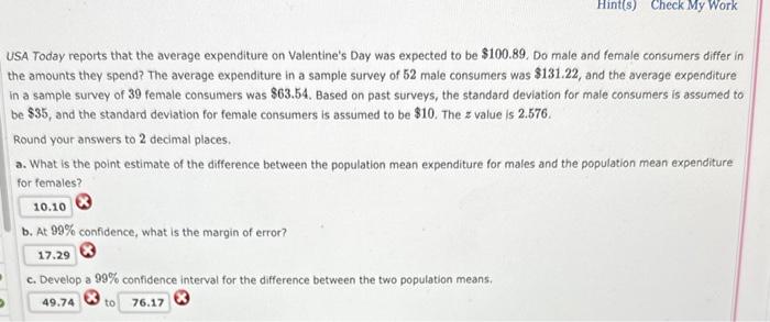 help please USA Today reports that the average expenditure on Valentine's Day