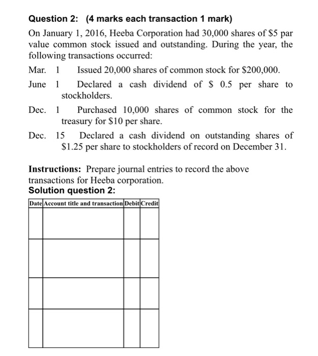  Question 2: (4 marks each transaction 1 mark) On January 1,