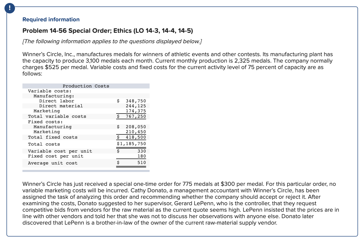  ! Required information Problem 14-56 Special Order; Ethics (LO 14-3, 14-4,