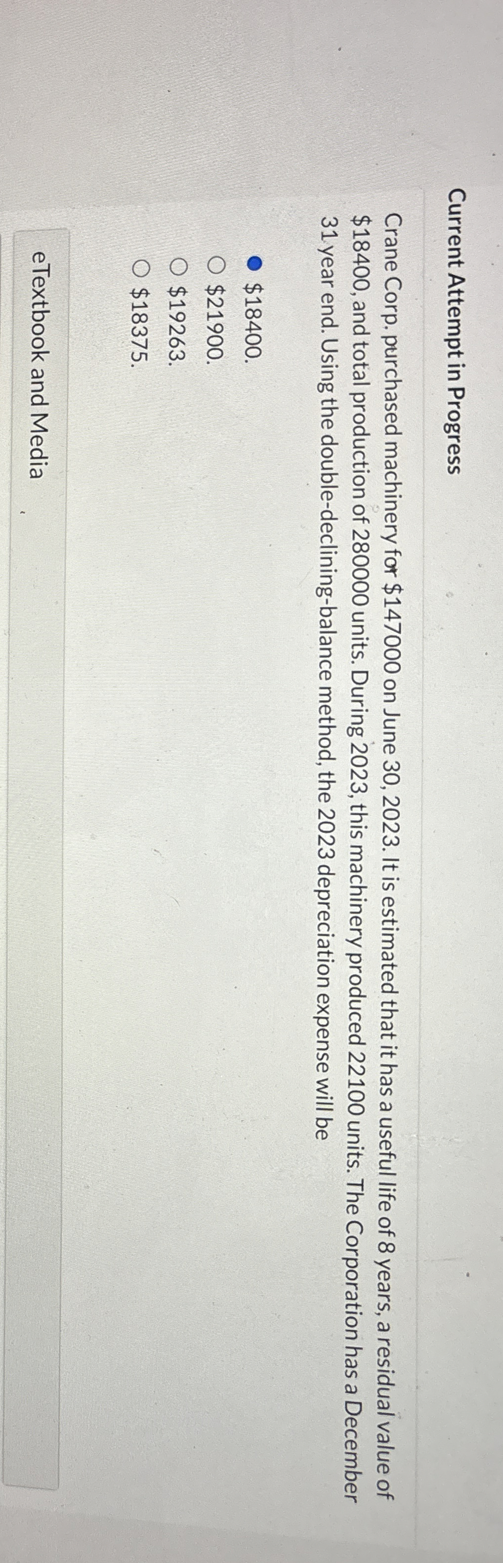  Current Attempt in Progress Crane Corp. purchased machinery for $147000 on