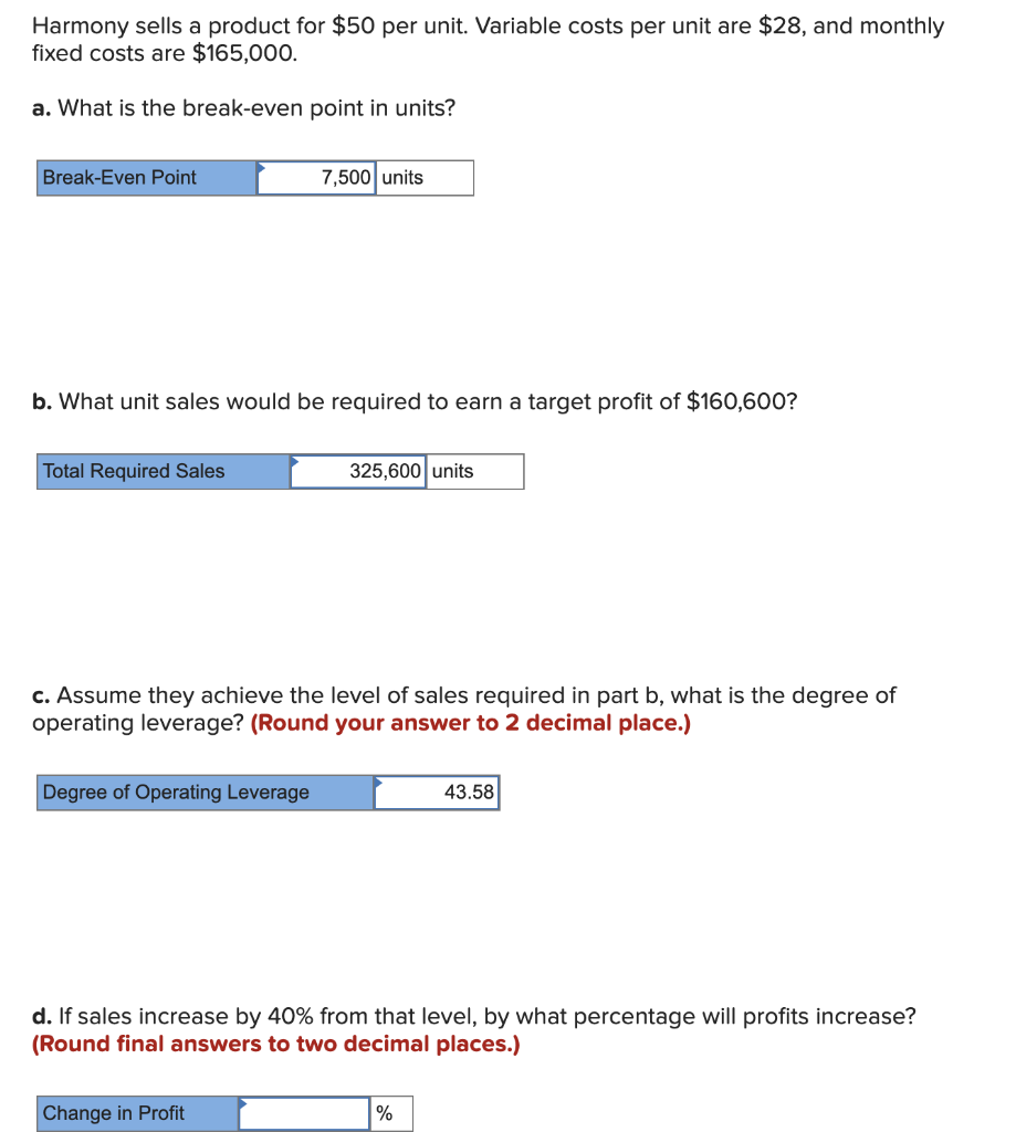  Harmony sells a product for $50 per unit. Variable costs per