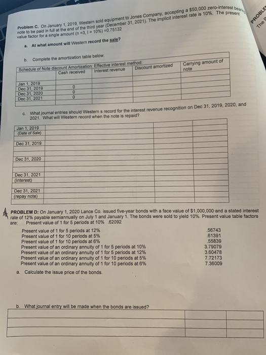 $50,000 zero-interest bear PROBLES The Problem C. On January 1, 2019,