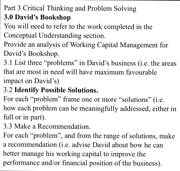  Part 3 Critical Thinking and Problem Solving 3.0 David's Bookshop You