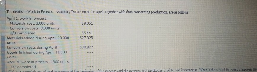 The debits to Work in Process -Assembly Department for April, together