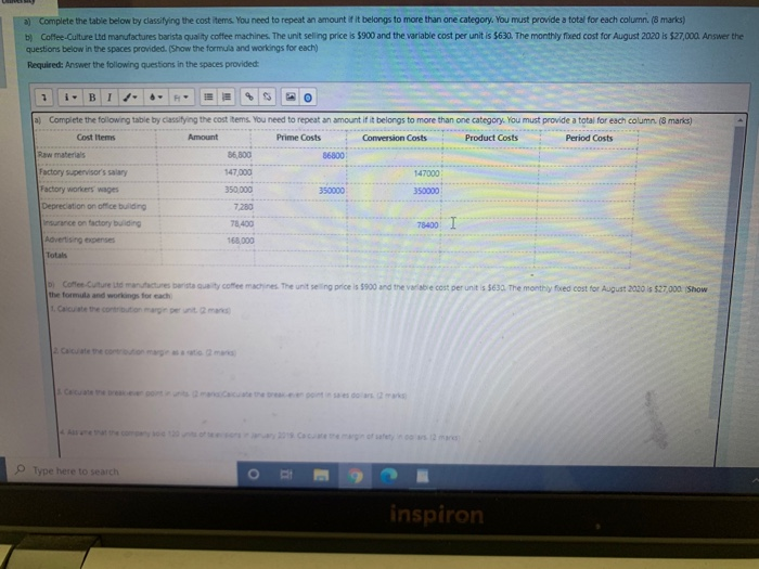  a) Complete the table below by classifying the cast items. You