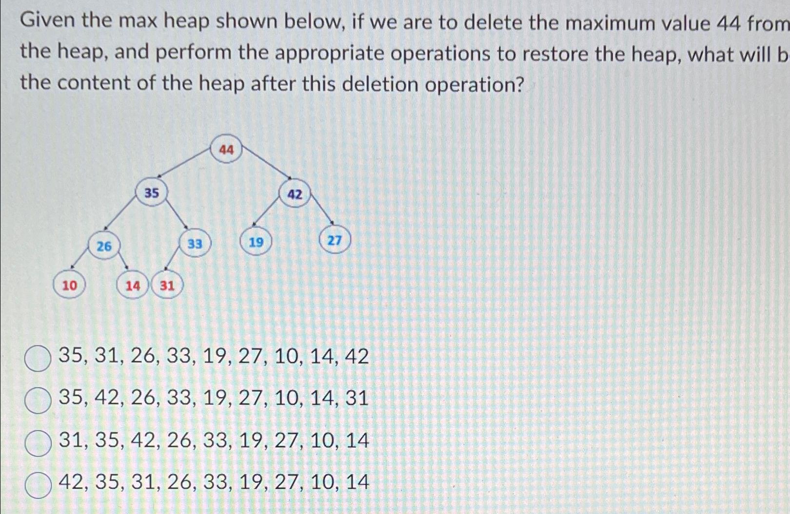  23. Given the max heap shown below, if we are to