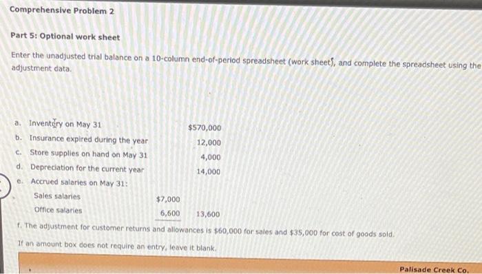  Comprehensive Problem 2 Part 5: Optional work sheet Enter the unadjusted