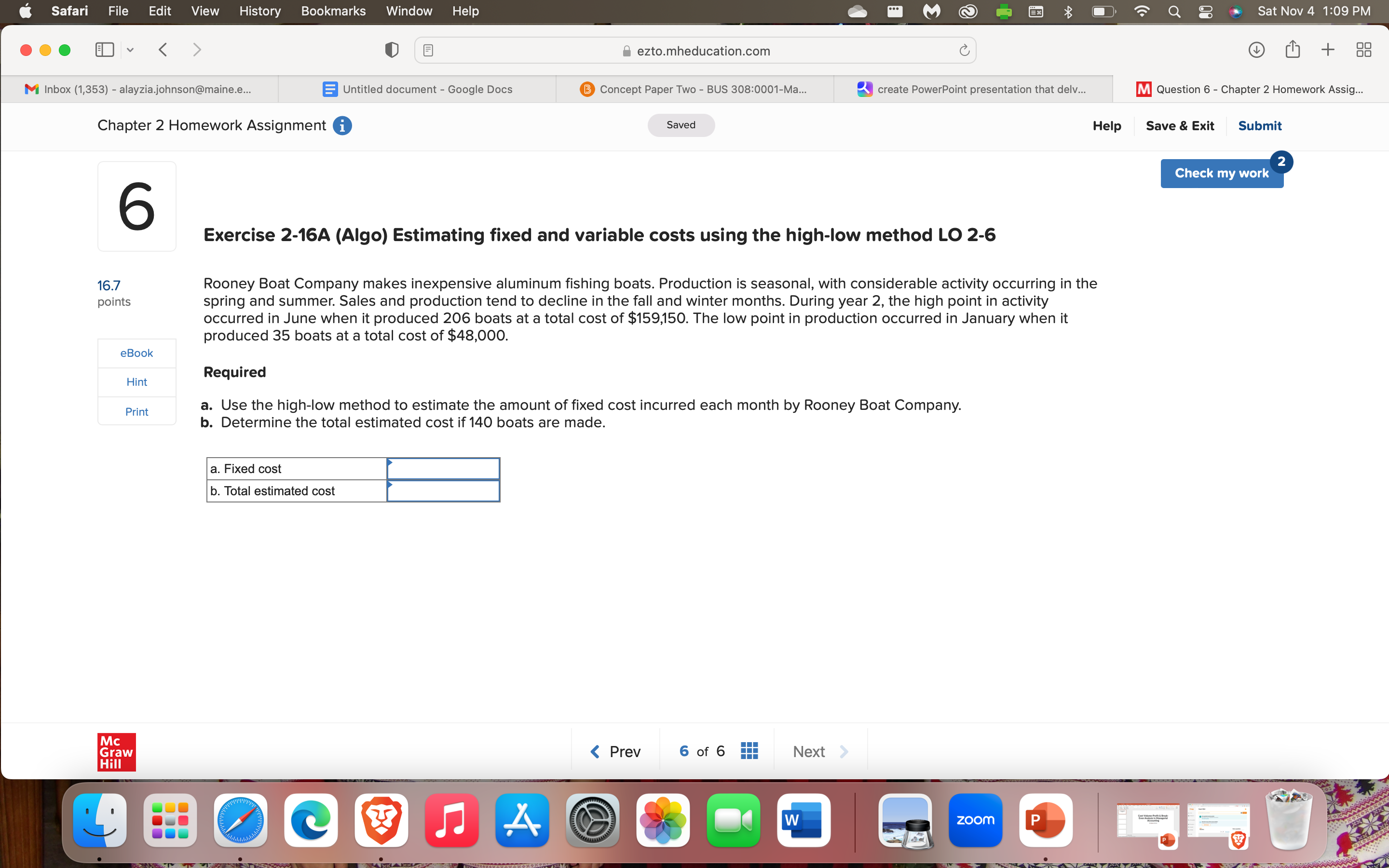  Exercise 2-16A (Algo) Estimating fixed and variable costs using the high-low