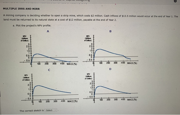  MULTIPLE IRRS AND MIRR A mining company is deciding whether to