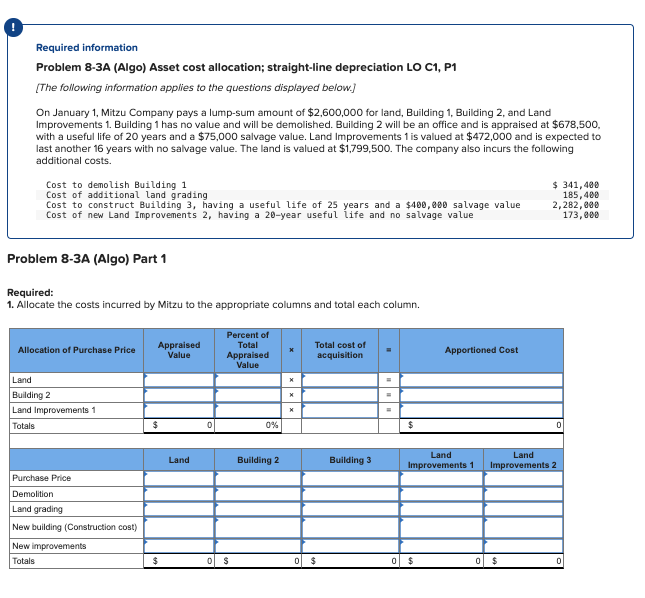  ! Required information Problem 8-3A (Algo) Asset cost allocation; straight-line depreciation