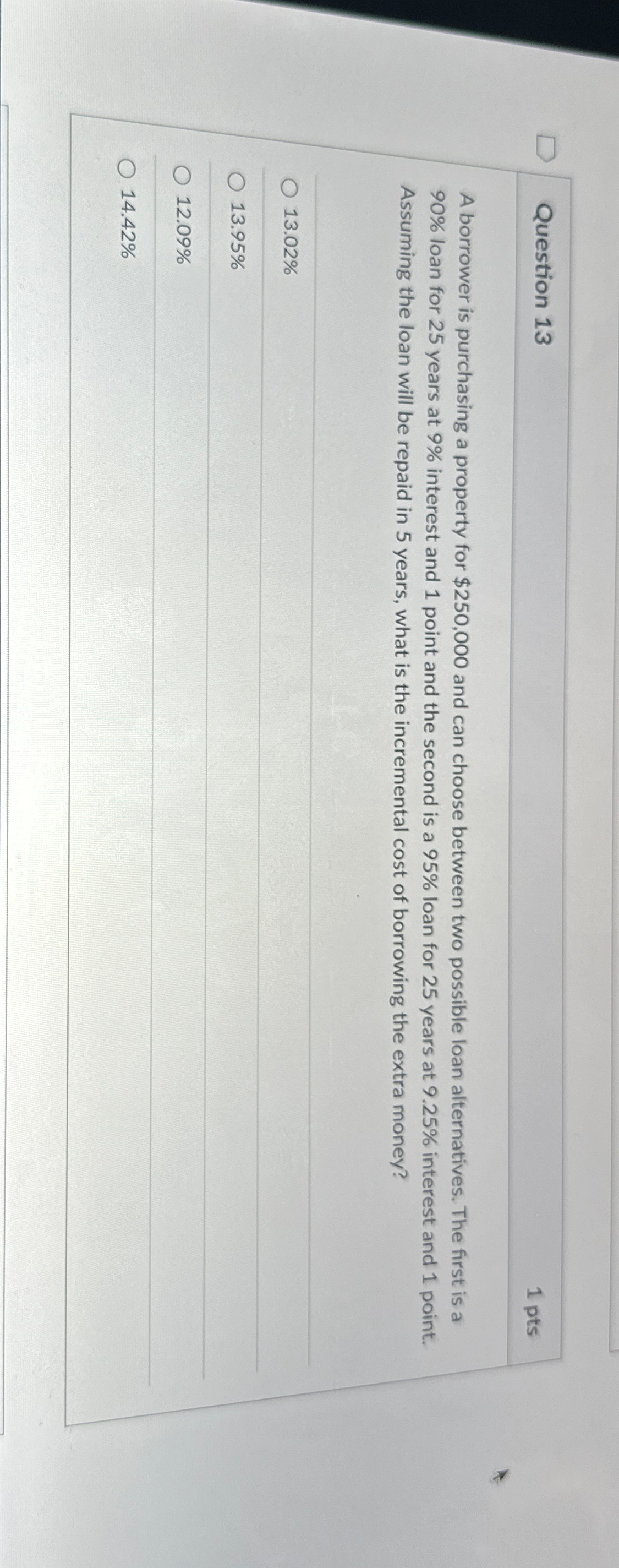 Question 13 1 pts A borrower is purchasing a property for