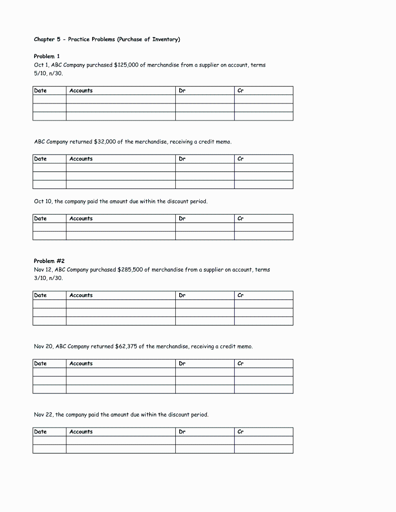  Chapter 5 - Practice Problems (Purchase of Inventory) Problem 1 Oct
