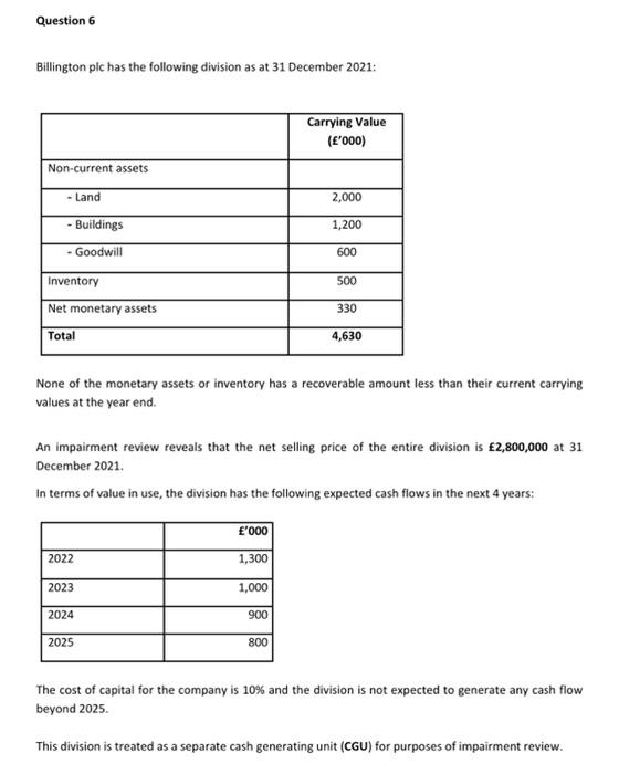Please help with this question :) Question 6 Billington plc has the