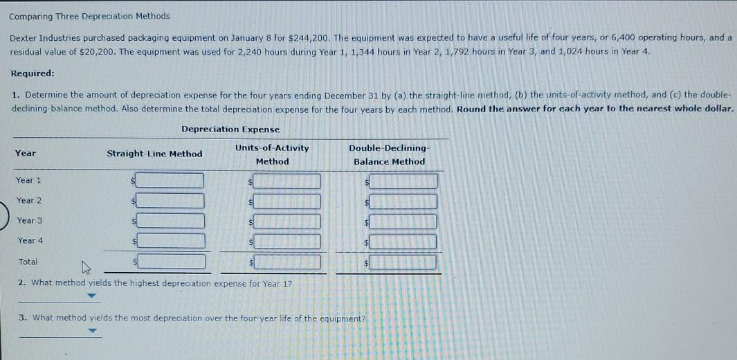  Comparing Three Depreciation Methods Dexter Industries purchased packaging equipment on January